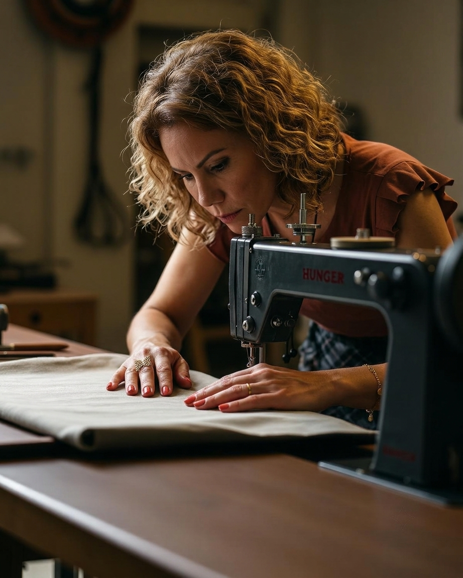 Costureira trabalhando em máquina de costura industrial no ateliê
